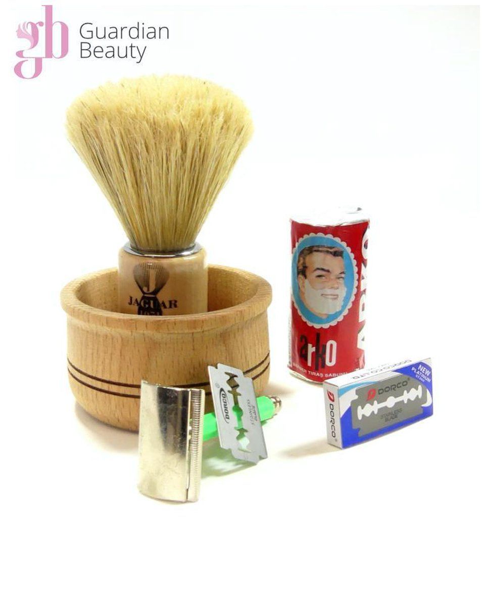 Guardian Beauty Compleet scheerset - Voor mannen 5-in-1 - Baardverzorging scheerset - Scheerkwast - Light Brown - Nat scheren - Perfect scheerresultaat