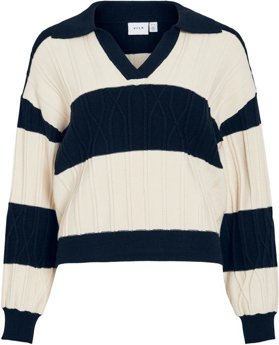 VILA VILUNTA V-NECK L/S POLO KNIT TOP - Dames - Gebreide truien - Maat L - Viscose/Polyester/Polyamide - Lange mouw - Gestreept - Ecru