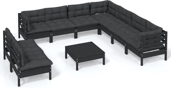 vidaXL 10-delige Loungeset met kussens massief grenenhout zwart