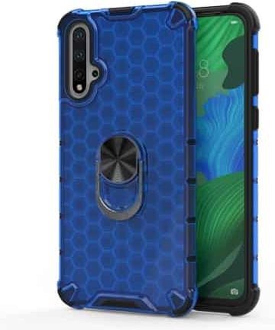 Voor Huawei Honor 20 schokbestendige honingraat PC + TPU ringhouder beschermhoes (blauw)