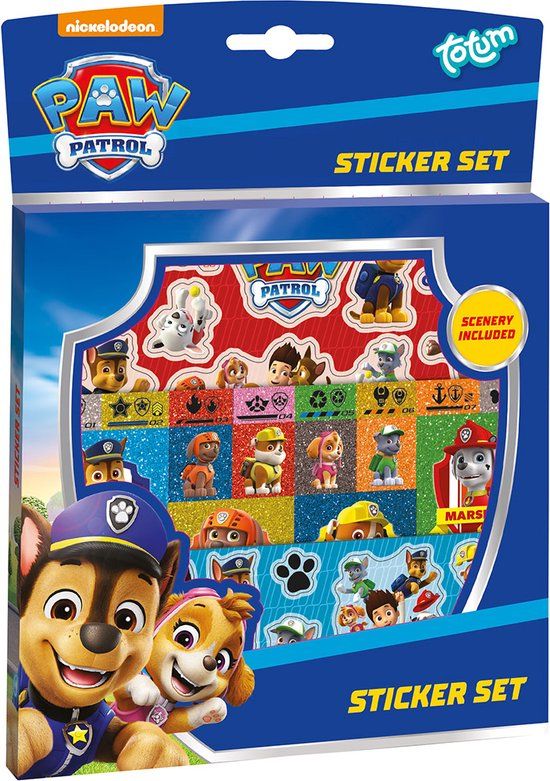 Totum PAW Patrol Stickers 3 stickervellen en speelachtergrond Totum stickerset speelgoed meisjes en jongens vanaf 3 jaar - knutselen