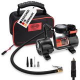 HEYNER® Mini-compresseur 12 V Pompe à air pour pneus de voiture avec manomètre Lampe de travail SMD intégrée, puissance nominale 9 bar, incluant 4 adaptateurs, sac de transport pratique, temps d'attente court