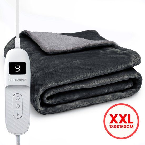 Seranova Elektrische Deken XXL - 180x160 cm - 2 Persoons Bovendeken - Warmtedeken - Dubbelzijdig Fleece Sherpa - Antraciet Grijs