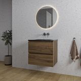 Saniclass Chaci Badkamermeubelset - 60x46x55cm - keramische wastafel zwart - 1 wasbak - zonder kraangat - 2 lades - ronde spiegel met verlichting - noten