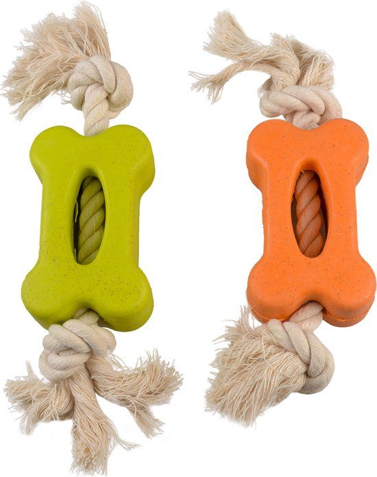 Duvoplus Eco Rubber Bone Dog Toy - Bamboo/Rice & Cotton - 27x6.5x3.8cm - Mixed Colors
