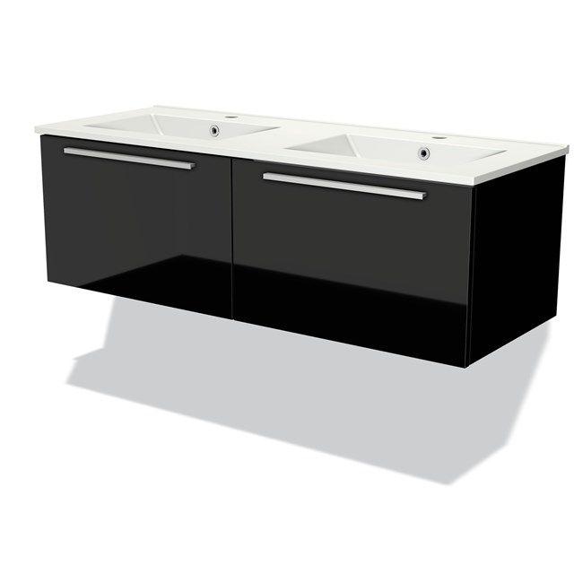 Maxaro Badkamermeubel 120cm Modulo Hoogglans Zwart 2 Lades Vlak Wastafel Keramiek