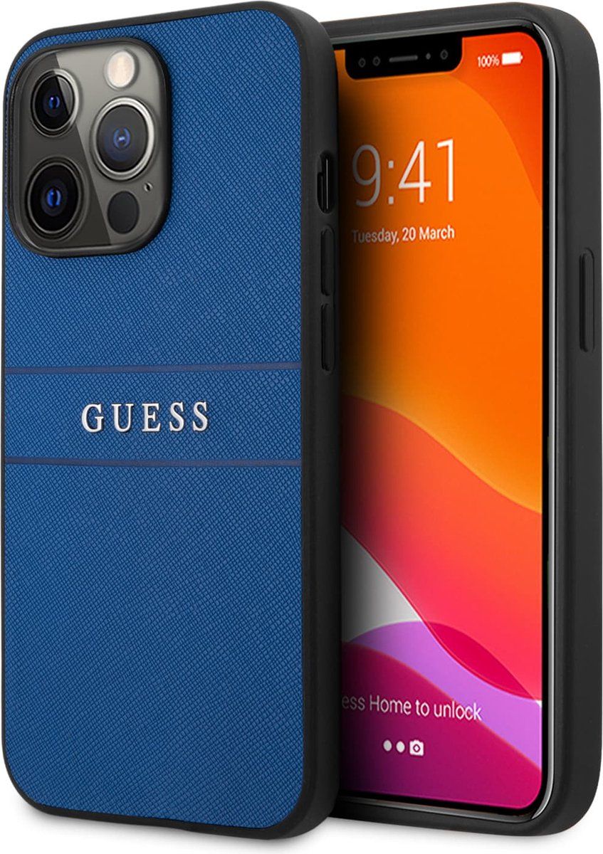 Guess Saffiano PU leren Backcase iPhone 13 Pro Max hoesje Blauw