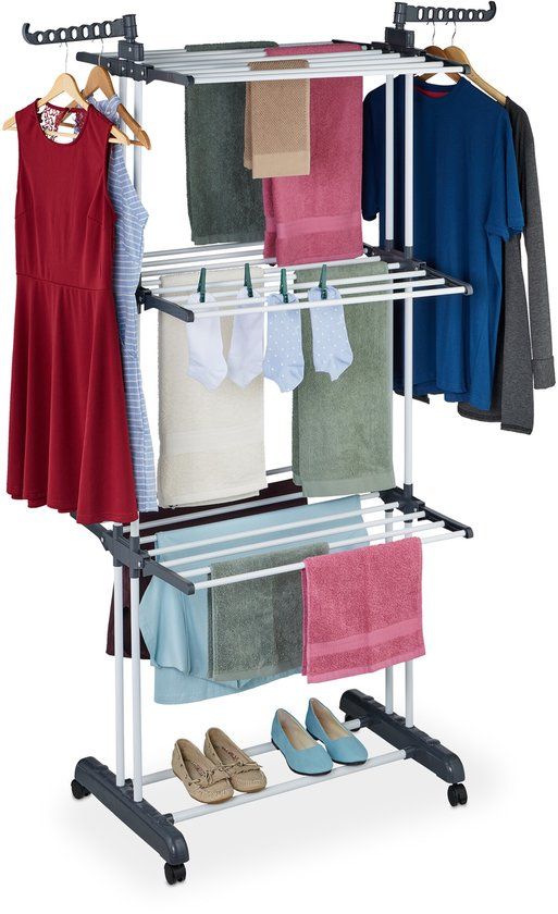 Merkloos Relaxdays droogtoren met wieltjes - 3 verdiepingen - 173 x 126 x 64 cm - wit/grijs