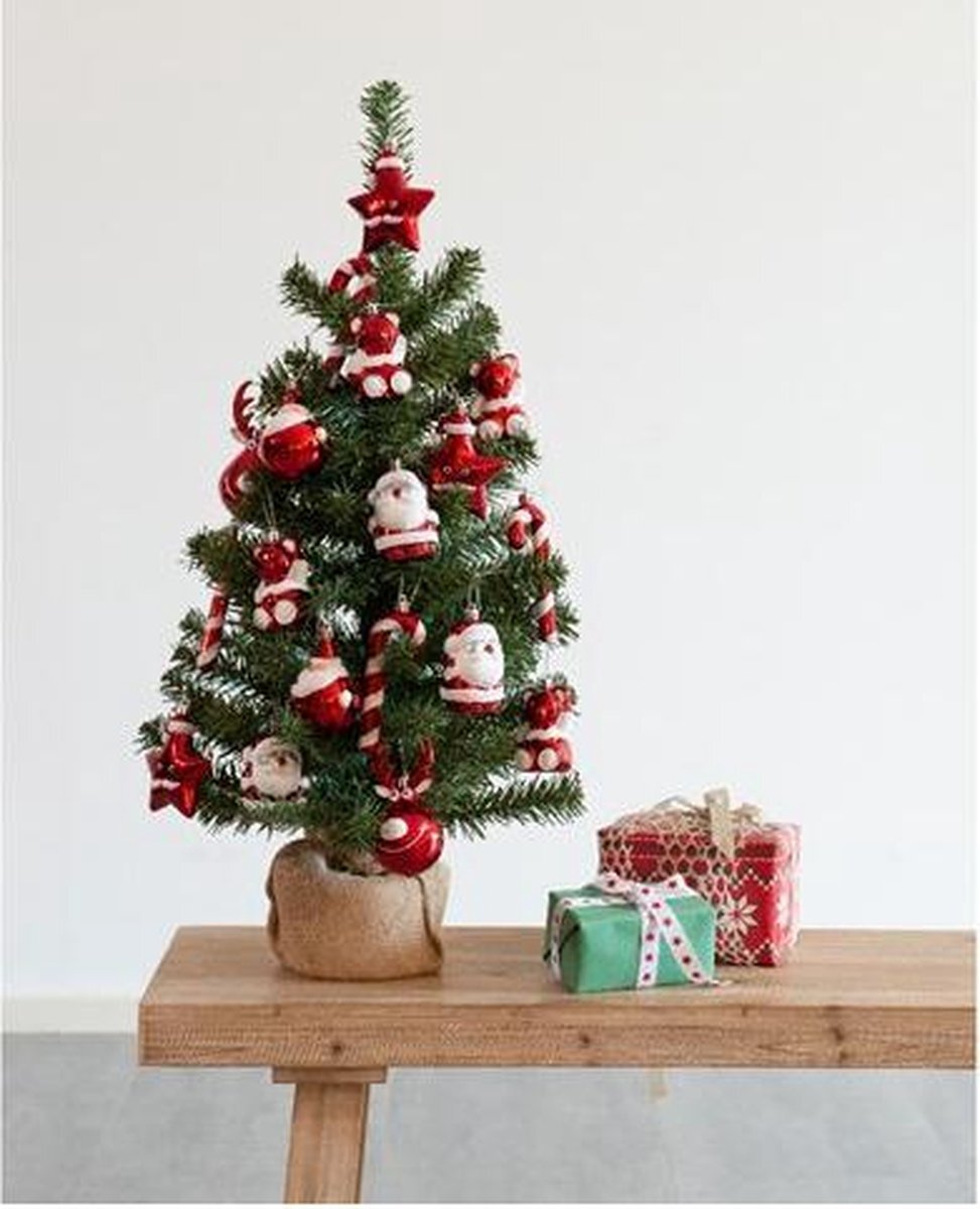 Everlands Kant en klare kerstboom inclusief versiering - 75cm hoog - 20 ornamenten - Groen Rood