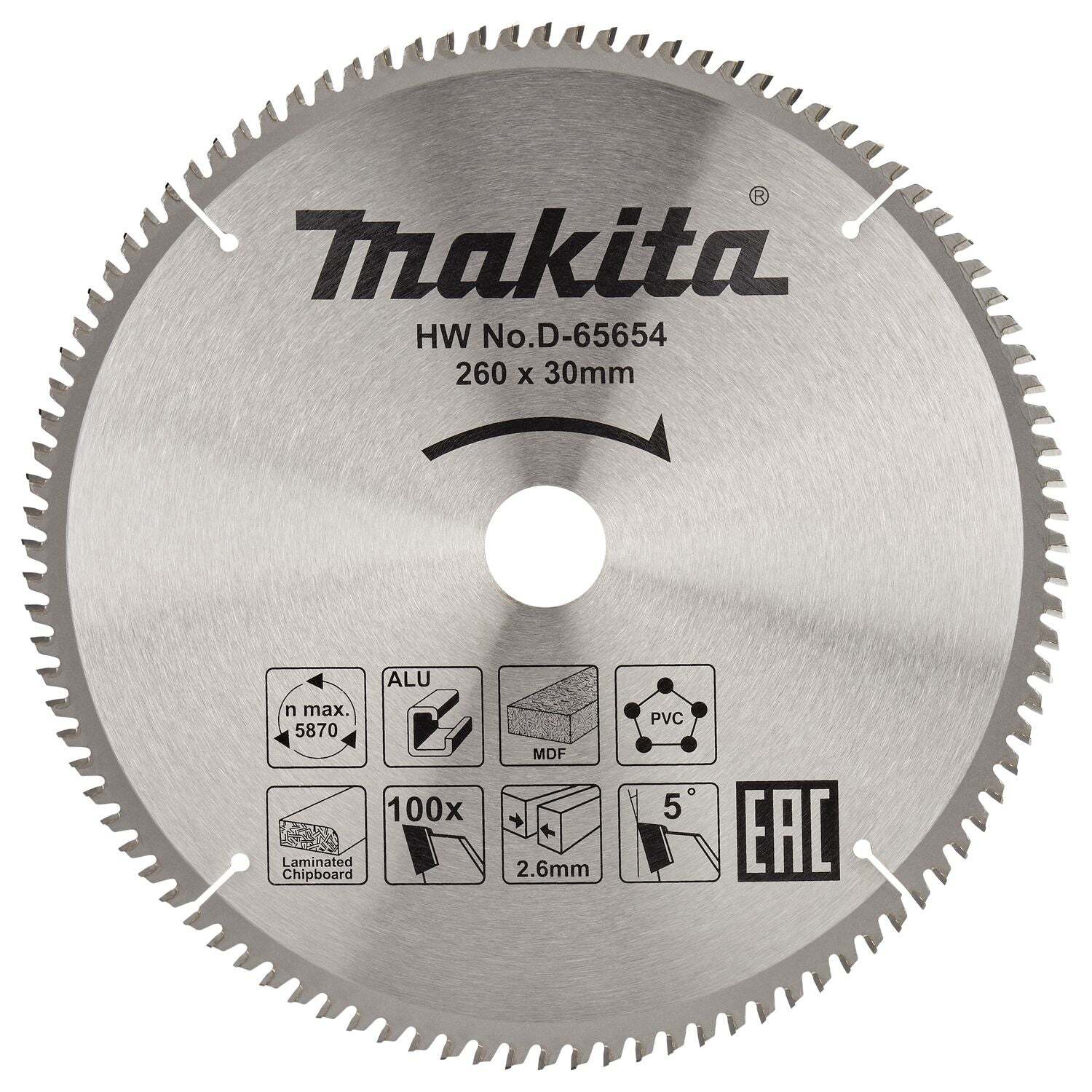 Makita D-65654 Afkortzaagblad voor Multimaterial | Standaard | Ø 260mm Asgat 30mm 100T