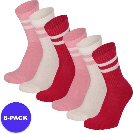 Morethansocks - Sportsokken kinderen - Maat 35-38 - 6-Pack - Gestreept - Assorti rose