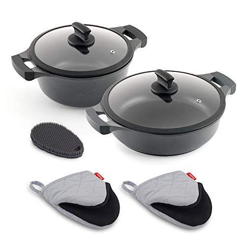 Metaltex Xpert - Set met 2 delen, gegoten aluminium, hoge potten 20 cm en lage pot 28 cm, incl. pannenlappen en siliconen spons