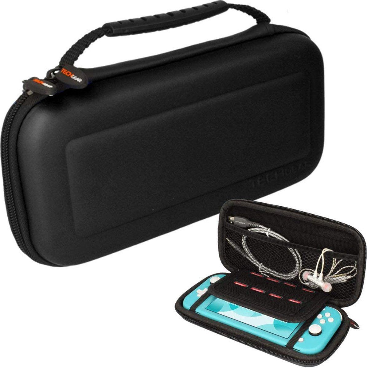 TECHGEAR Switch Lite hoes, harde beschermende draagtas voor reizen en opbergen Case Cover Ontworpen voor Nintendo Switch Lite, 8 slots voor gamekaarten + accessoires Hoesje [ZWART]