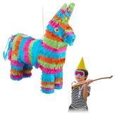 Relaxdays Piñata ezel, zelf vullen, 54 cm, Lichtblauw/Felroze/Groen