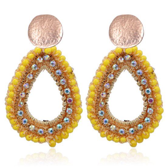 Cilla Jewels Lookinggoodtoday Druppelvormige Oorhangers met Kristal en Touw - Geel