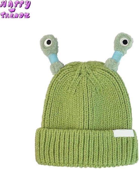 Happy Trendz® Funny Little Monster Beanie Hat - Knitted Hat Mint Green with Eyes - Cute For Adults and Children - Handmade - Monster Hat - Parties