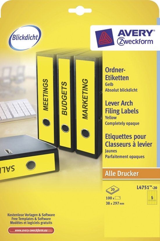 Avery Border Binder Labels Yellow 38 x 297mm 20