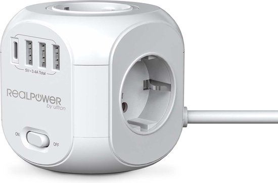 RealPower PowerBox4 31 - Stekkerdoos Kubus - 4-poorts - USB & USB-C - Wit