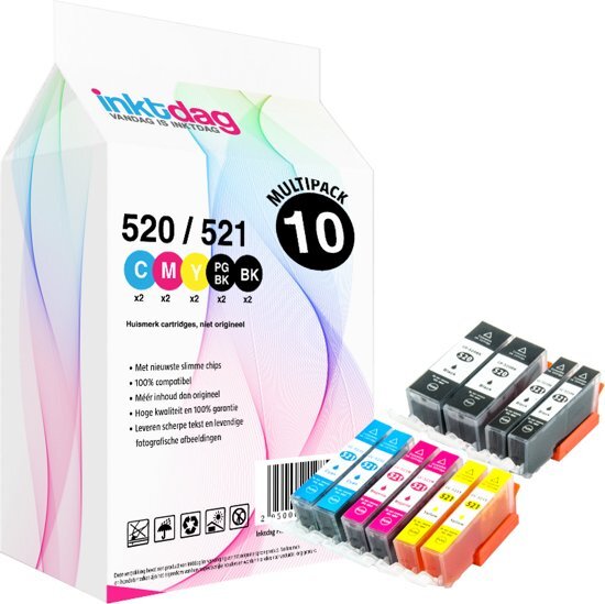 inktdag huismerk Canon PGI-520 / CLI-521 inktcartridge multipack van 10 stuks 2 Canon PGI-520 PGBK zwart 2 Canon CLI521 BK zwart 2 Canon CLI521 cyaan 2 Canon CLI-521 M magenta 2 Canon CLI-521 Y geel met chip