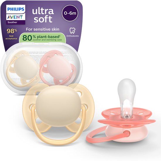 Philips Avent Ultra Soft – Superzachte siliconen fopspeen (0-6 mnd) – Voor gevoelige huid – 2 stuks - SCF091/38