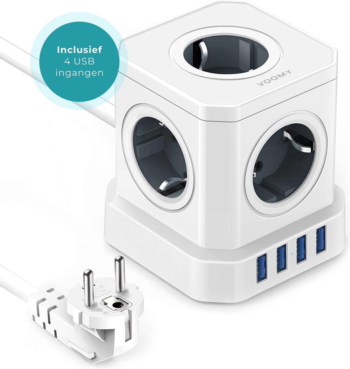 Voomy Powercube Stekkerdoos - 5-voudig - 4 USB Poorten - Wit