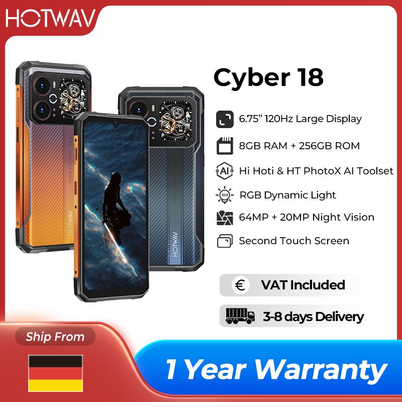 HOTWAV Cyber 18 Robuuste Smartphone Android 16 6,75'' 120Hz Scherm Octa-core 6200mAh 20W Mobiele Telefoon met Zelfontwikkelde AI Toolset RGB Dynamisch Licht 64MP Achtercamera 20MP Nachtzicht 8GB 256GB