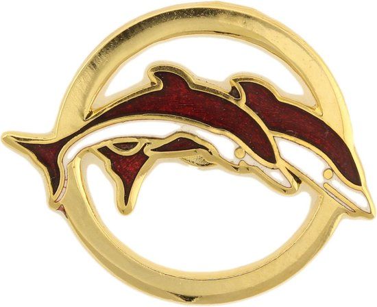 Behave® Pin Broche Dolfijnen Goud Kleur Rood Wit Emaille 2,5 cm - Unisex Sierpin