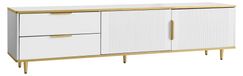 Meuble TV - Design moderne - 175 x 40 x 45 cm - Surface rainurée - Poignées et pieds dorés - Blanc