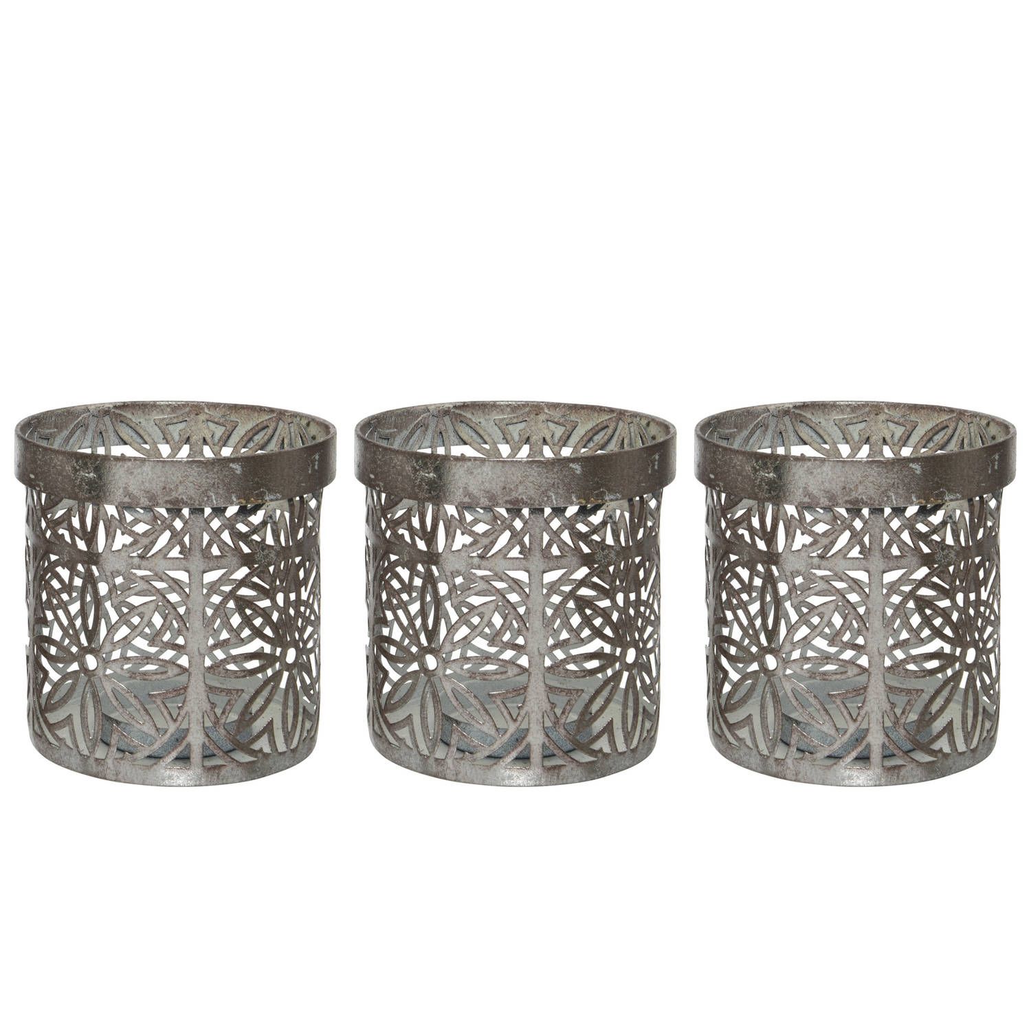 Decoris Theelichthouders - 3 stuks - Grijs - Metaal - Bloemenpatroon - 10x10 cm