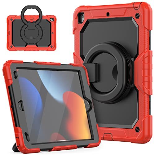 HUEZOE Beschermhoes voor iPad 10,2 inch, model 2021/2020/2019, schokbestendig, voor het hele lichaam met 360 graden draaibare houder, schouderriem voor iPad 9/8/7, rood