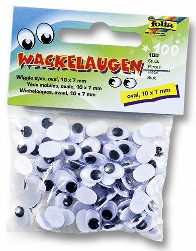 Folia 750007 Knikkende ogen met beweegbare pupille, wit, rond ca. 7 mm - ideaal voor het knutselen van figuren en dieren ovaal. 10 x 7 mm zwart