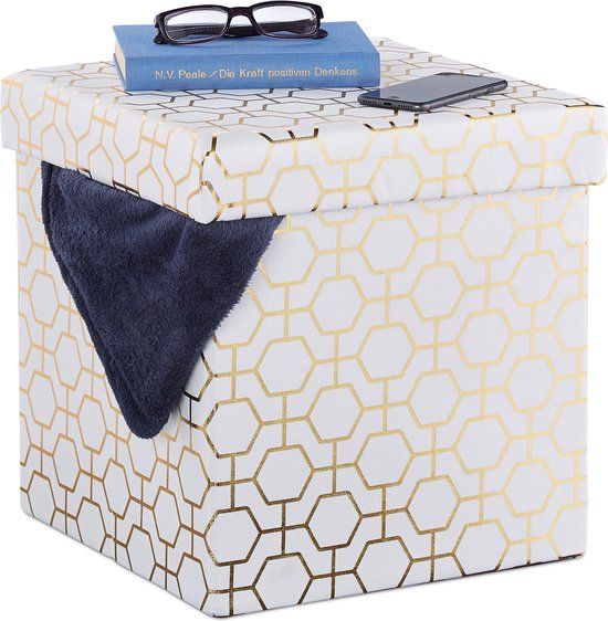Opbergpoef - met opbergruimte - deksel - 38x38x38 cm - wit/goud - geruit