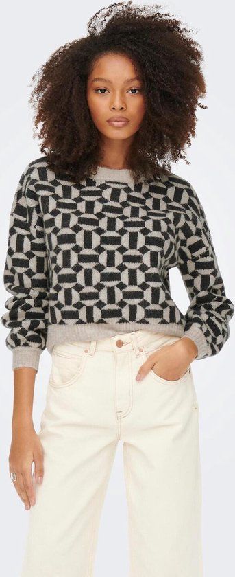 ONLY ONLGEO Life L/S Pullover Knit Trui - Oatmeal/Melange/Black - Dames Maat L