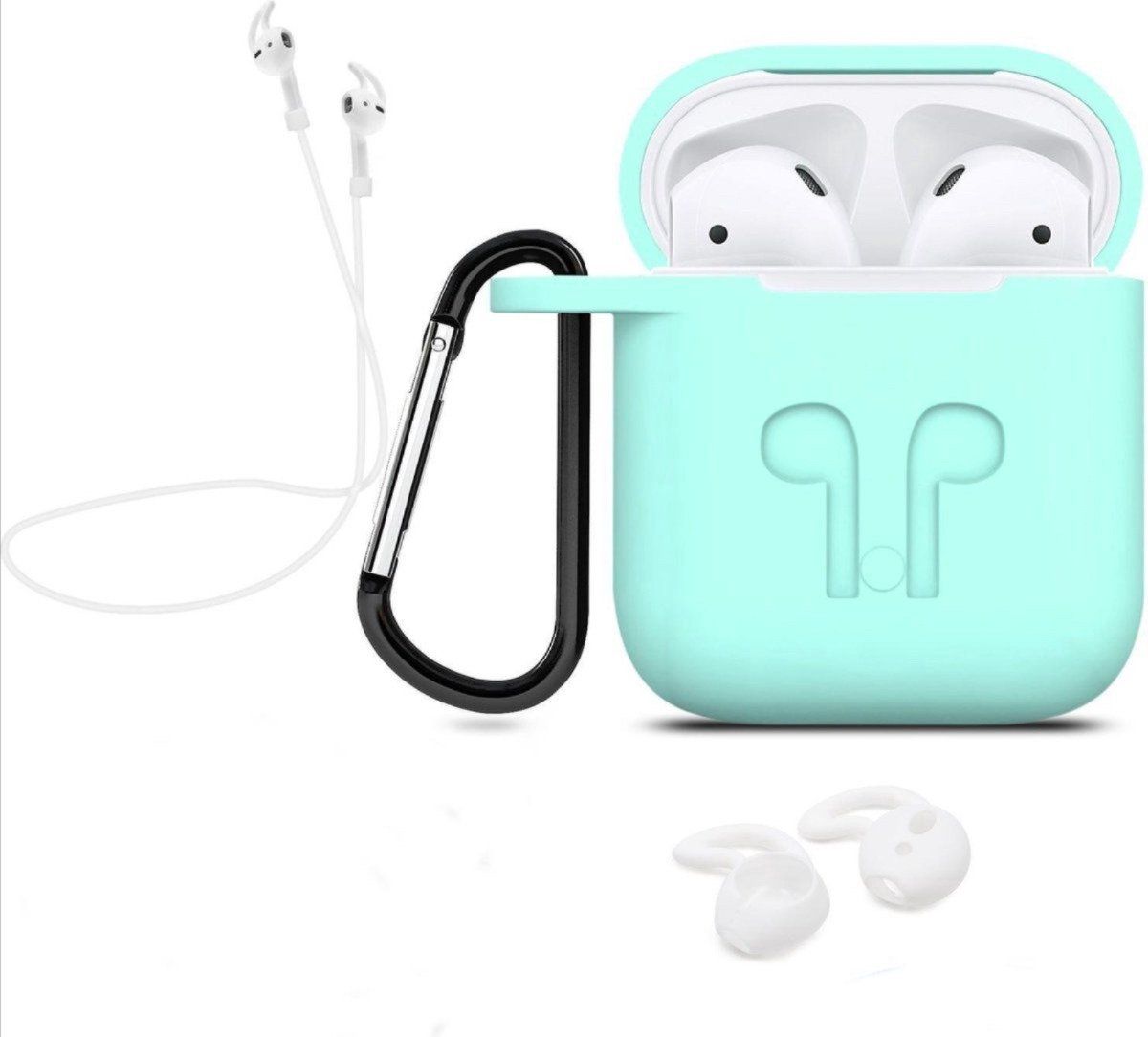 Heble® Siliconen Beschermhoesje voor Apple AirPods 1&2 - Mint - Met Karabijnhaak & Earhoox - Heble®