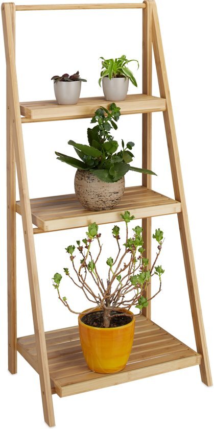 Relaxdays Plantenrek 3 etages van BAMBOE - Opklapbaar Bloemen rek - natuurlijk hout - trapvormig