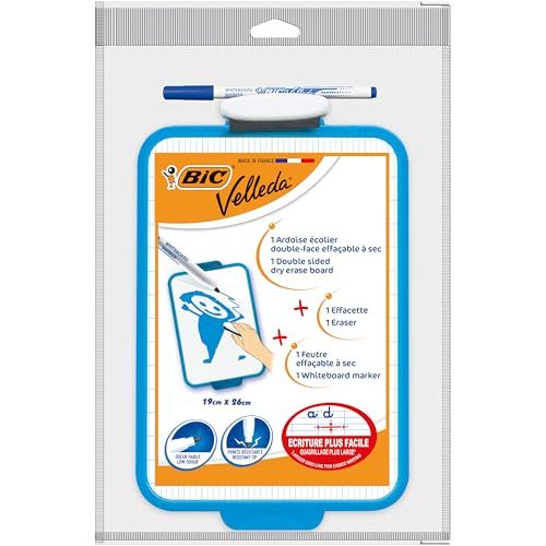 BIC Velleda Dubbelzijdig Whiteboard (19 x 26 cm) met Blauwe Whiteboard Stift en Wisser - Turquoise Frame, Pak van 1 Stuk