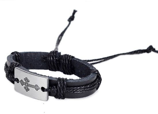 Aramat Jewels Lederen Armband Zwart Met Kruis - 8720157096344