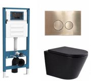 QeramiQ Dely Toiletset - inbouwreservoir Qeramiq Flush - 35mm zitting - metaal messing geborstelde bedieningsplaat - ronde knoppen - mat zwart