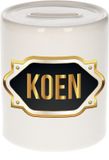 Bellatio Decorations Spaarpot met voornaam Koen - wit - met goud/zwart embleem - 8 x 9 cm - keramiek - met afsluitdop - cadeau verjaardag