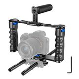 NEEWER Montagekit voor videocamera's van aluminiumlegering met twee bovenste handgreep, 15 mm stangen, compatibel met Sony A7S III, Sony A6600 Canon EOS R5 R6 DSLR spiegelloze camera, zwart/blauw