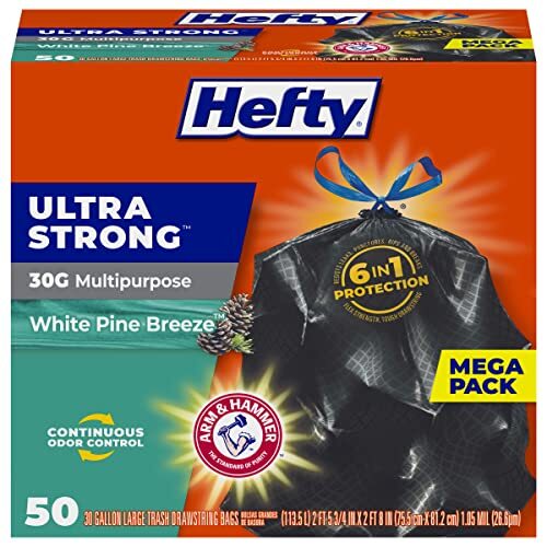 Hefty Hefty Ultra Sterke Multifunctionele Grote Prullenbakken, Zwarte, Witte Pine Breeze Geur, 30 Gallon, 50 Count