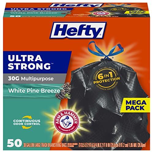 Hefty Ultra Strong Multi-Purpose Large Trash Bags, Black, White Pine Breeze Scent, 30 Gallon, 50 Count