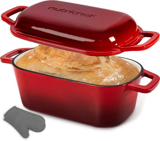 NutriChef Dutch Oven - 3.4L Gietijzeren Broodbakvorm - Geëmailleerd - Ovalen Dutch Oven - Inclusief Siliconen Handschoenen - Vaatwasserbestendig - Rood