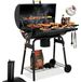 Gril à charbon en acier inoxydable - Gril de jardin avec couvercle - avec cheminée - thermomètre - cendrier - plateau pliable - 2 roues - noir
