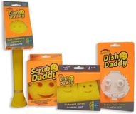 Scrub Daddy Dish Daddy afwasspons met afwasmiddeldispenser, navulkoppen, spons en aansluitkop, flessenborstel met verwisselbare kop, temperatuurgevoelige spons voor reiniging - Geel