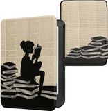 kwmobile e-reader hoesje geschikt voor Kobo Clara HD hoes - E reader flip case met magnetische sluiting - Ereader cover - Meisje met boeken design in zwart / beige