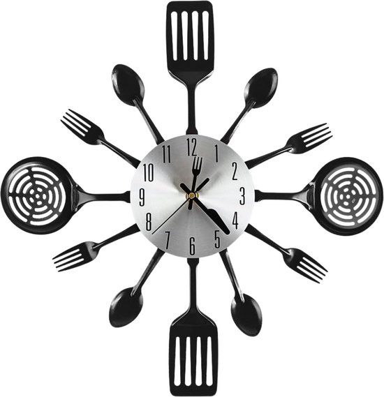 TYME Wandklok Bestek - 41cm - Zwart Zilver