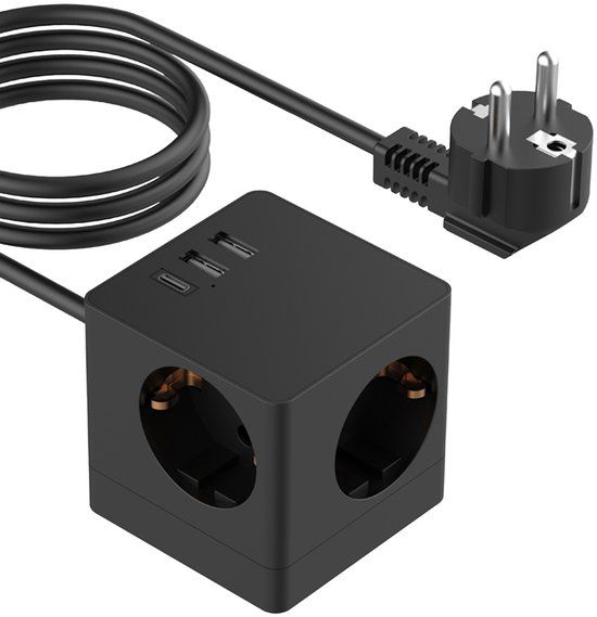 Accezz PowerCube Strip | 6-in-1 - 1x USB-C + 2x USB-A + 3x stopcontact - 4000 watt - Zwart