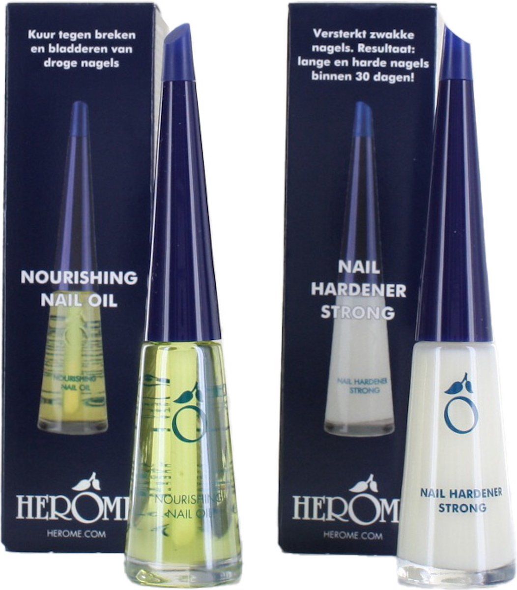 Herome Combi-Pack Nagelverharder Sterk en Base Coat & Voedende Nagelolie (Nail Hardener Strong & Nourishing Nail Oil) - Herstelt Droge, Breekbare Nagels en Verhelpt Zwakke en Gevoelige Nagels - 2*10ml.