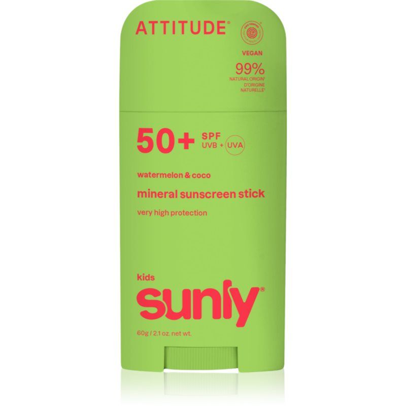 Attitude Sunly Kids Attitude, Zonnecrème, Children's mineral sunscreen SPF 50 Sunly Stick 60 g (SPF 50)